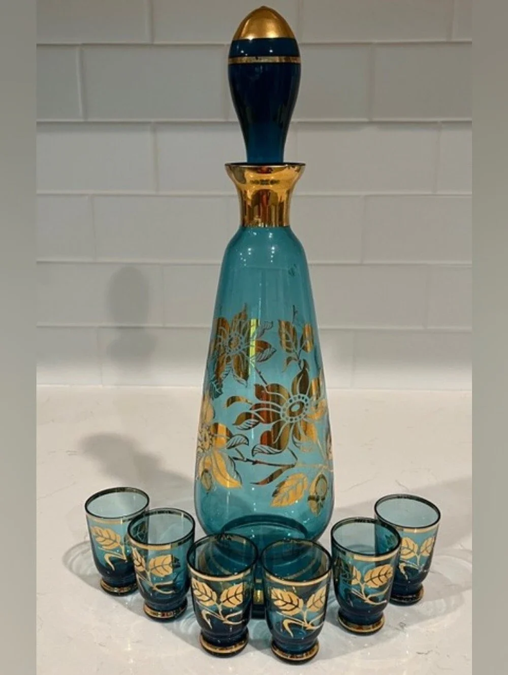 Vintage MCM Bohemian‎ Blue & Gold Gilded Liquor Decanter Set With 6 Glasses